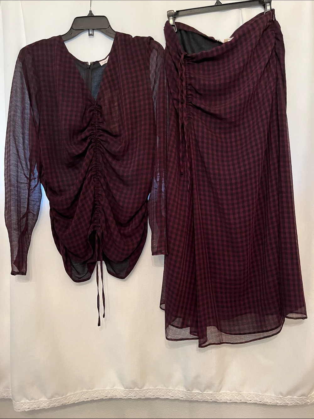 Calvin Klein Burgundy Plaid Sheer Ruched Top